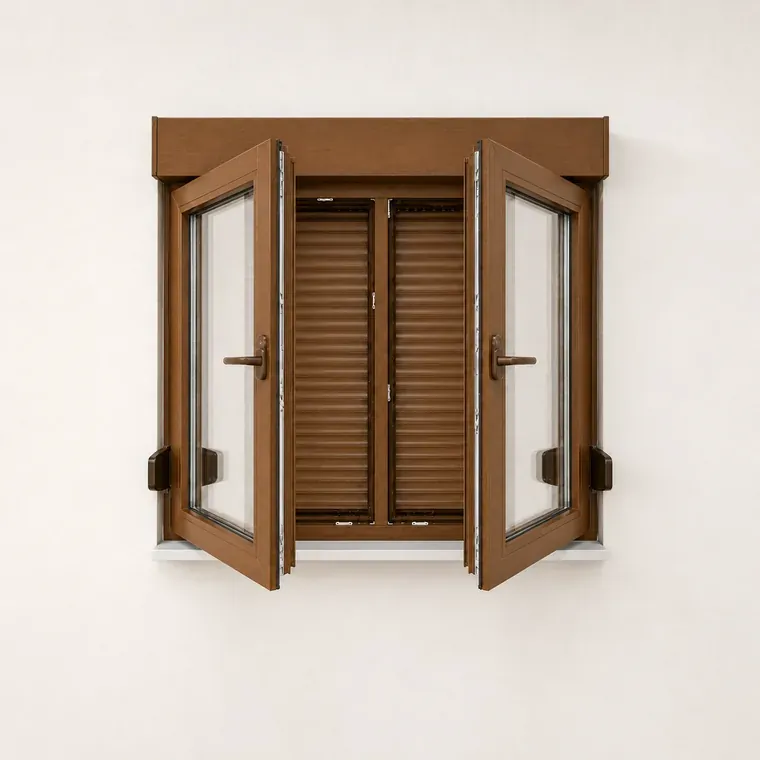 Zweiflügeliges PVC-Fenster in Braun beziehungsweise Dekor mit Rollladen – Visualisierung